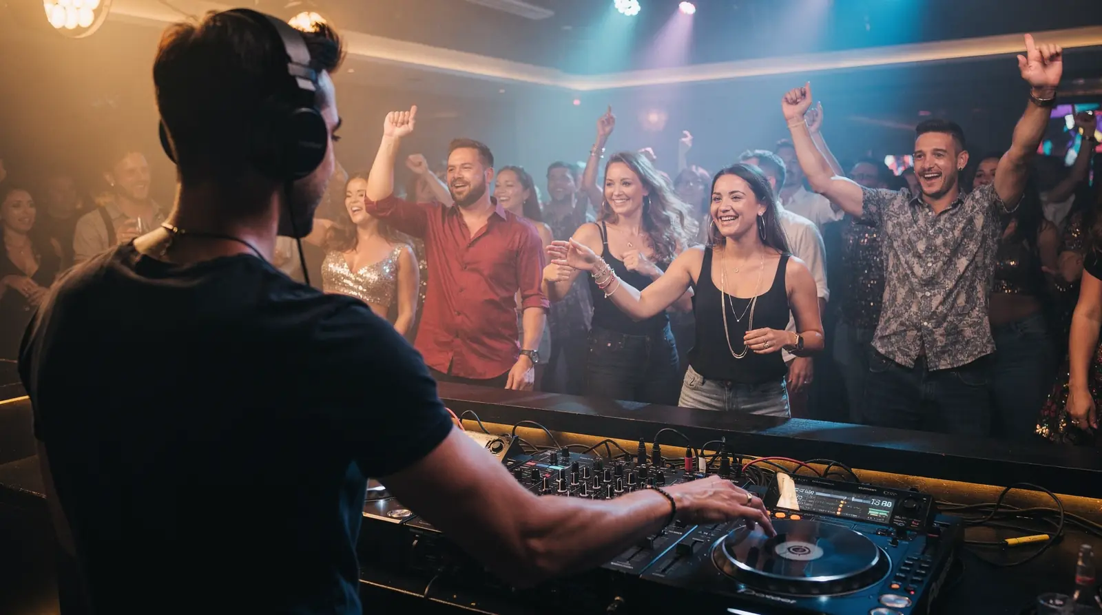 A DJ seen from behind playing music for a cheering crowd on a dance floor with colorful lights.