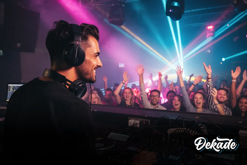 A smiling DJ at a turntable overlooking a crowd with raised hands under bright stage lights