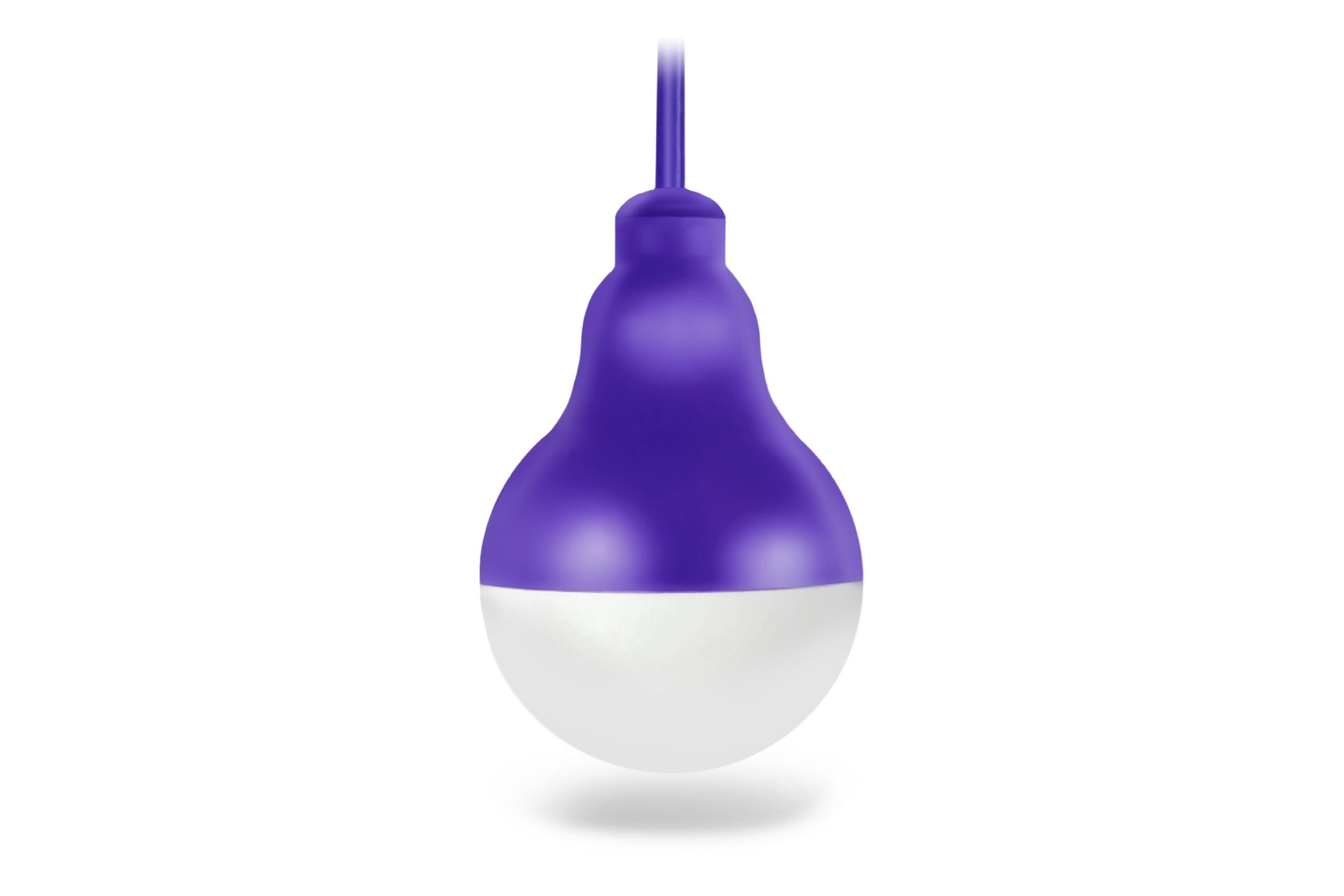Hanging light bulb with a purple upper half and white lower half on a white background.