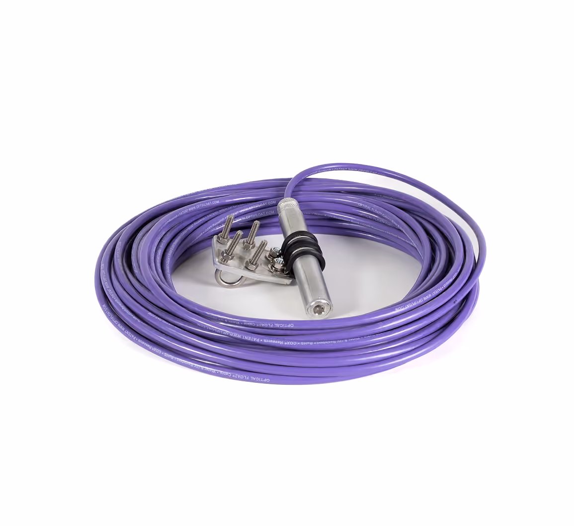 Coiled purple optical fiber cable with a metal connector and mounting bracket on a white background.