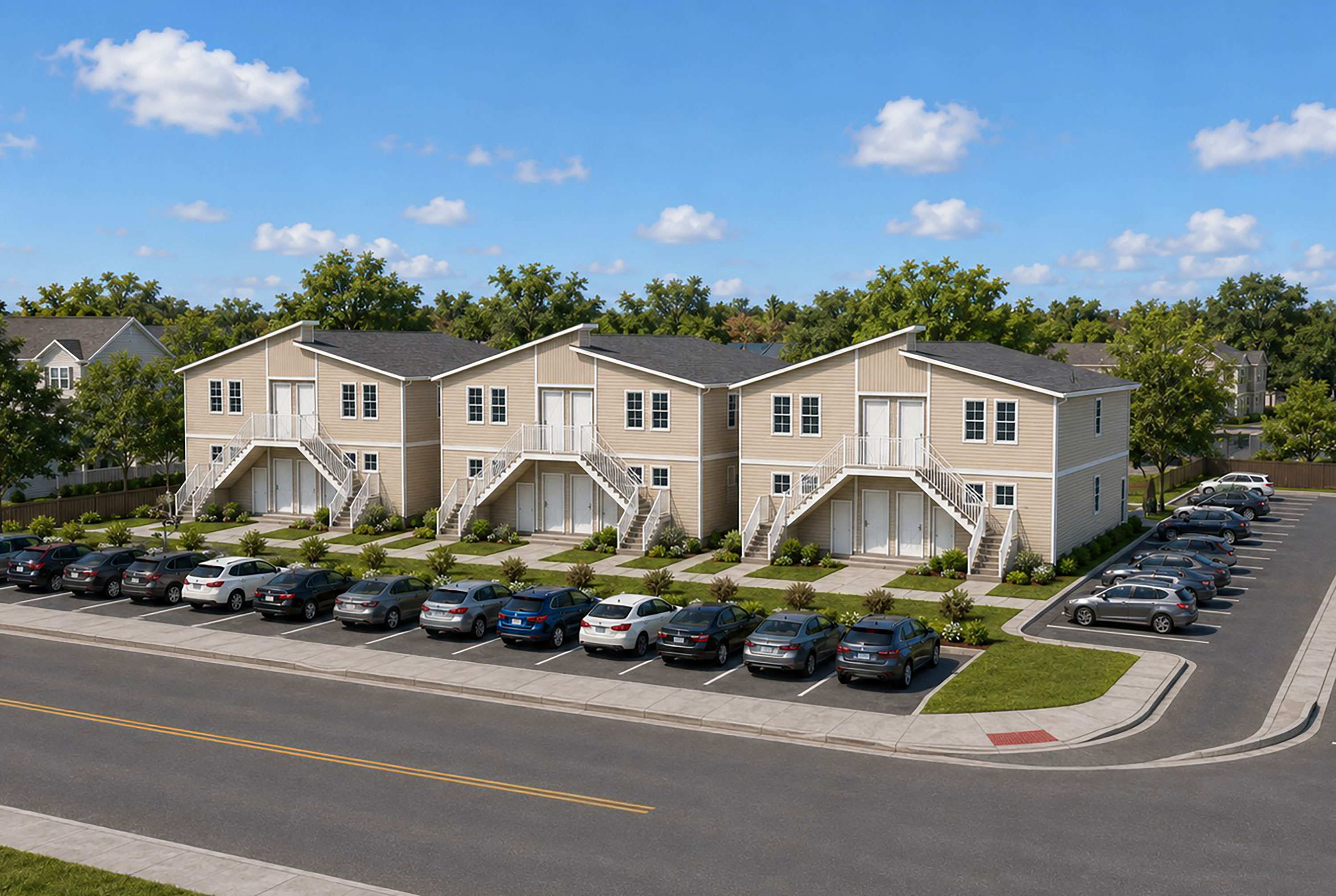Three-quarter street view of three side-by-side units of The Houston 2
