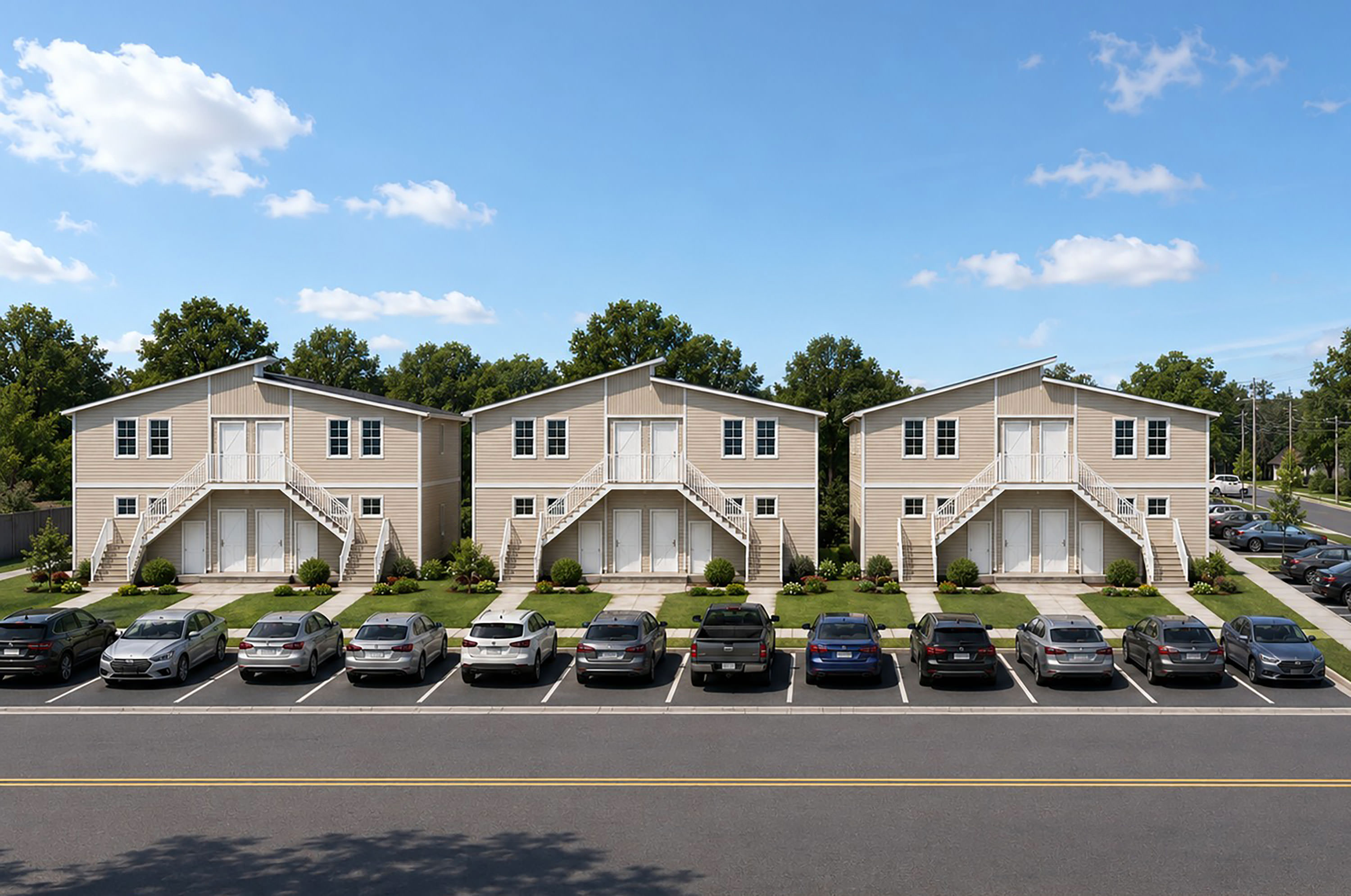 Front street view of three side-by-side units of The Houston