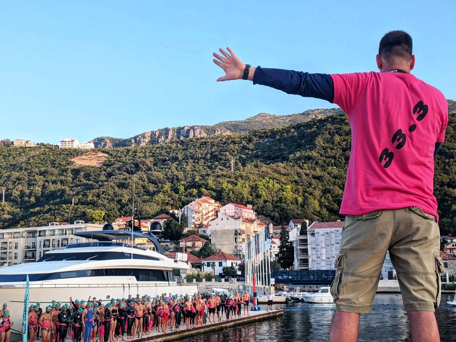 Race Director James Bainbridge at the start line of #2Montenegro in the Lazure Marina. Image by Lloyd Images / UltraSwim 33.3