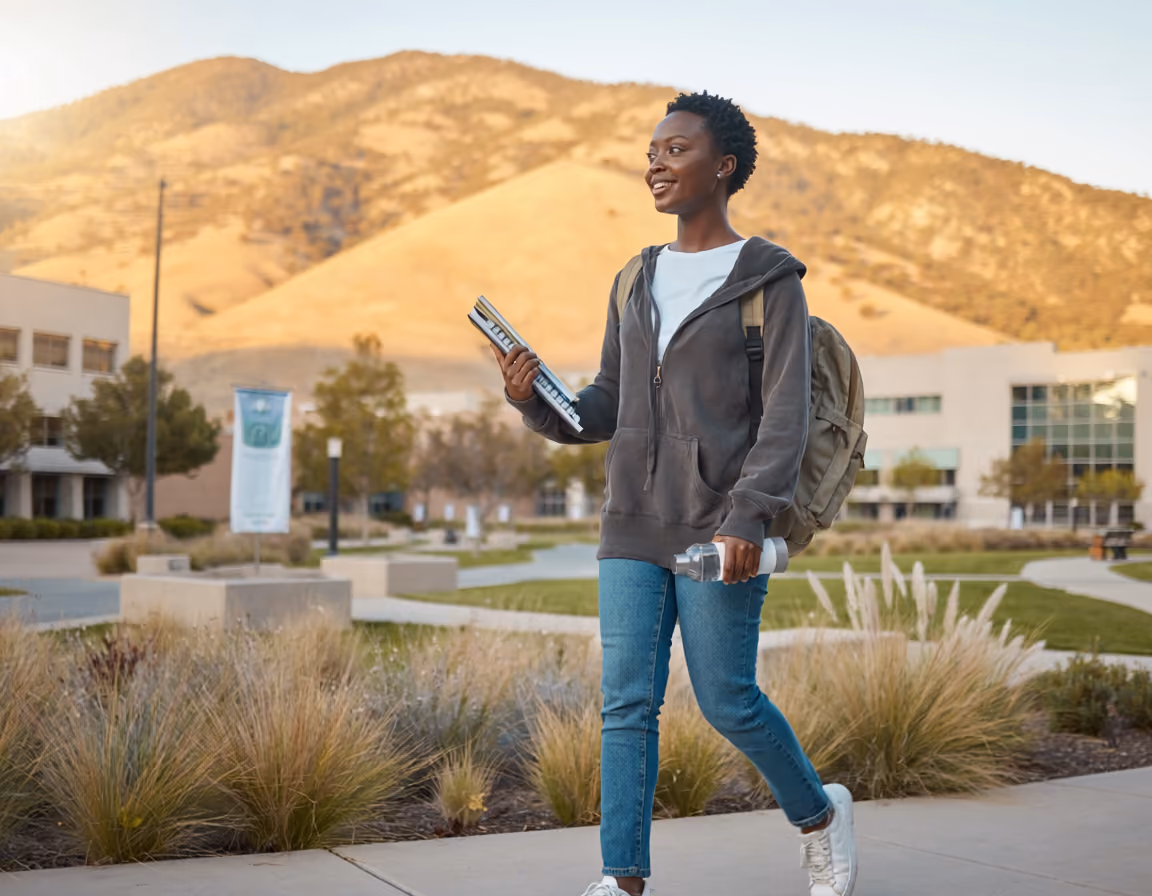 Smiling student walking outdoors with books, backpack, and water bottle on a campus near hills.