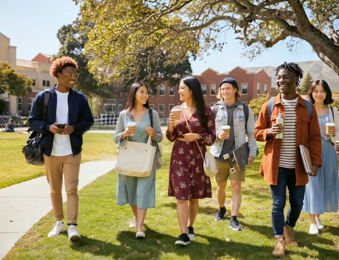Group of six diverse college students walking on campus lawn holding drinks and backpacks.