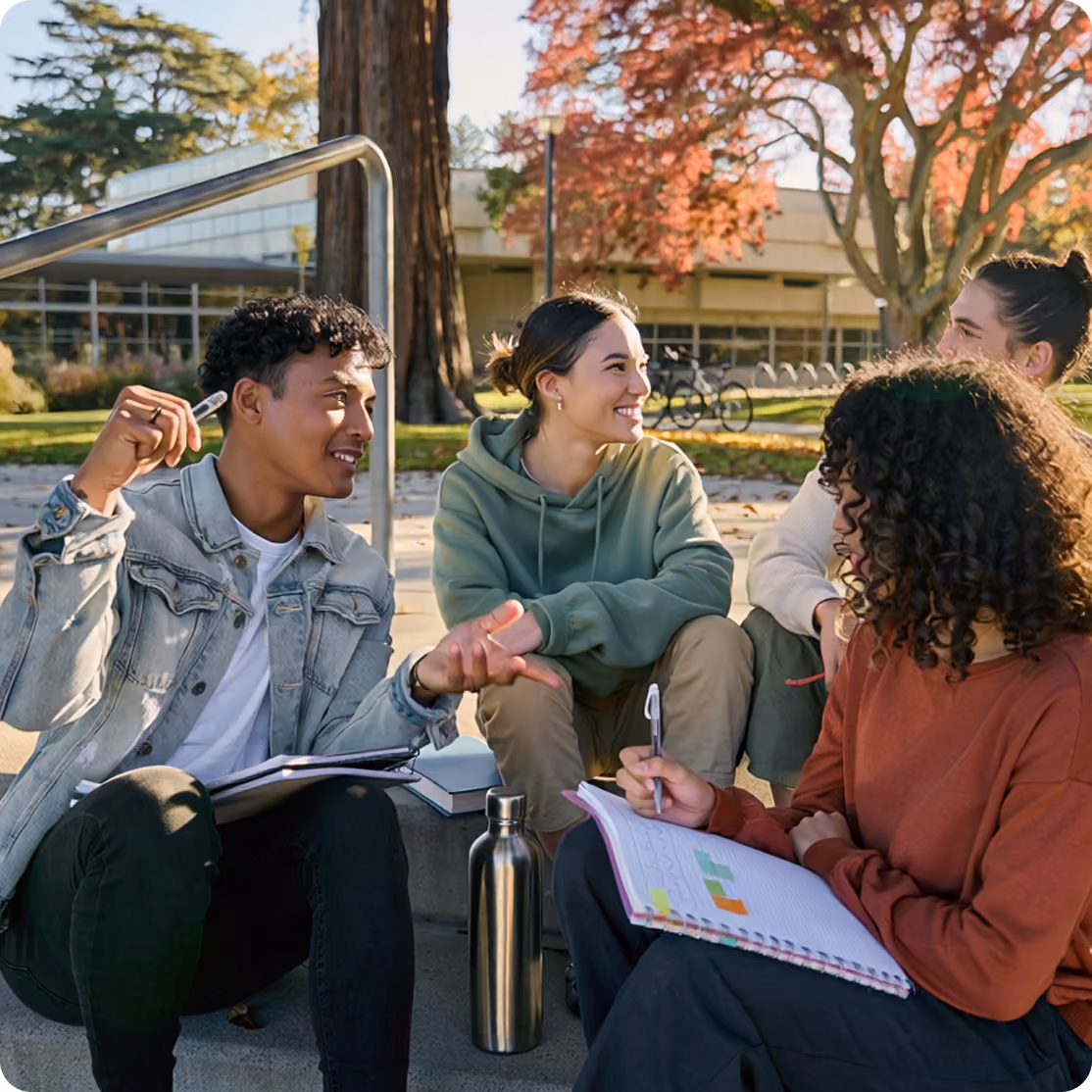 Four young adults sitting outdoors on steps, studying and discussing with notebooks and pens.