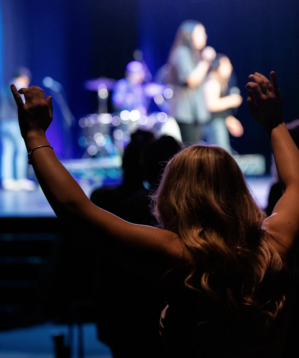 Audience member with raised hands facing a stage where a band and two singers perform under blue lighting.