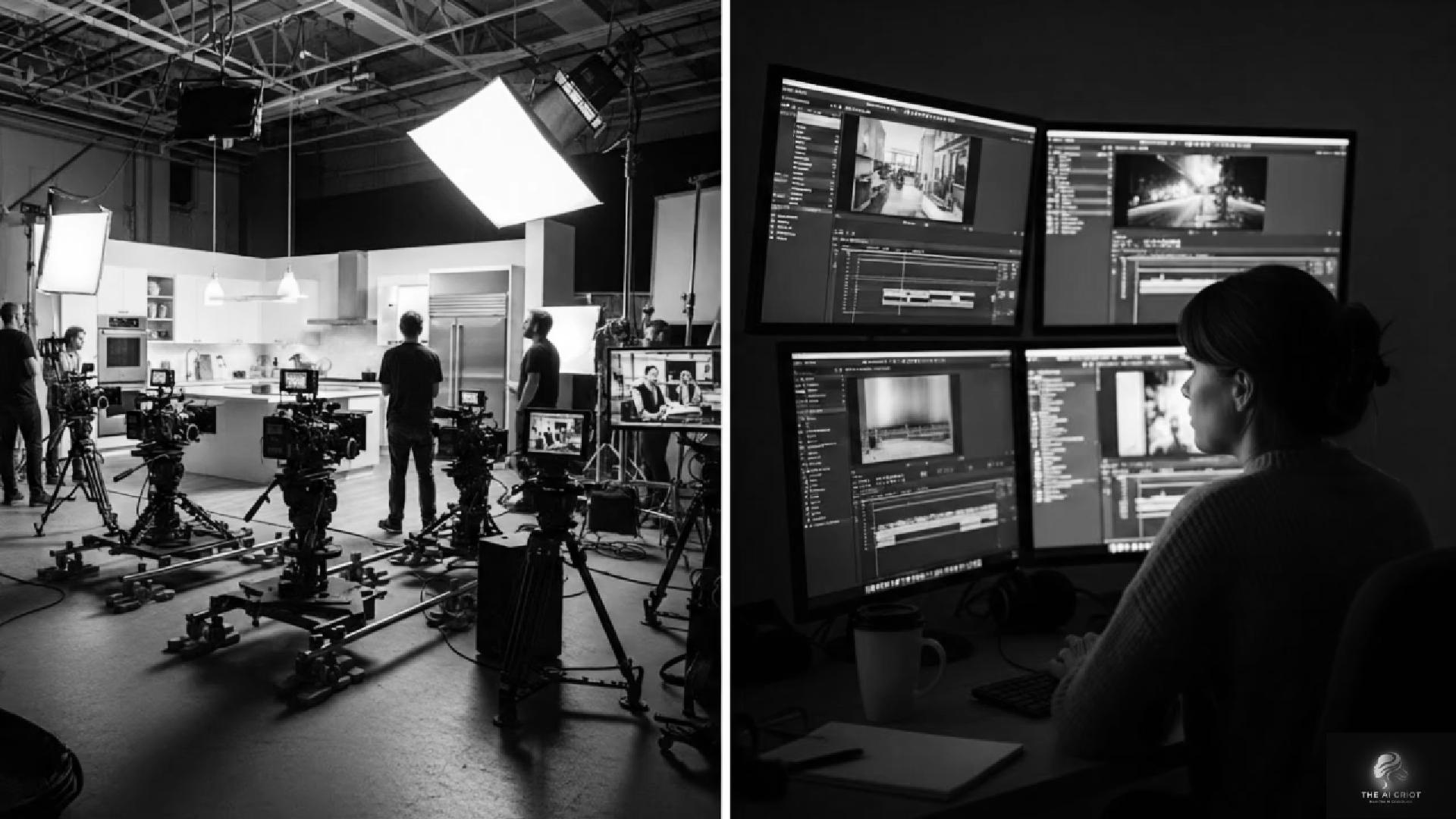 Film crew filming in a kitchen set with cameras; editor working on video edits at a multi-screen workstation.