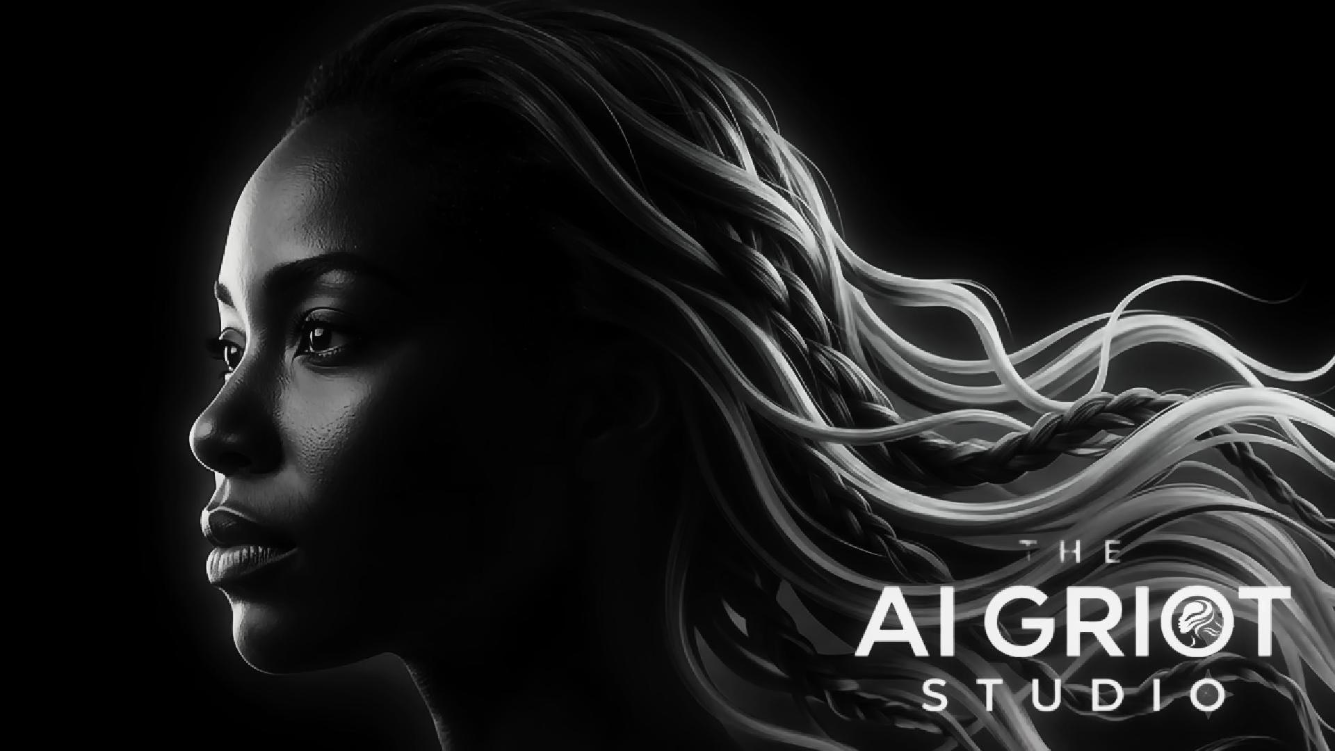 Black and white profile of a woman with flowing braided hair against a dark background with a logo.