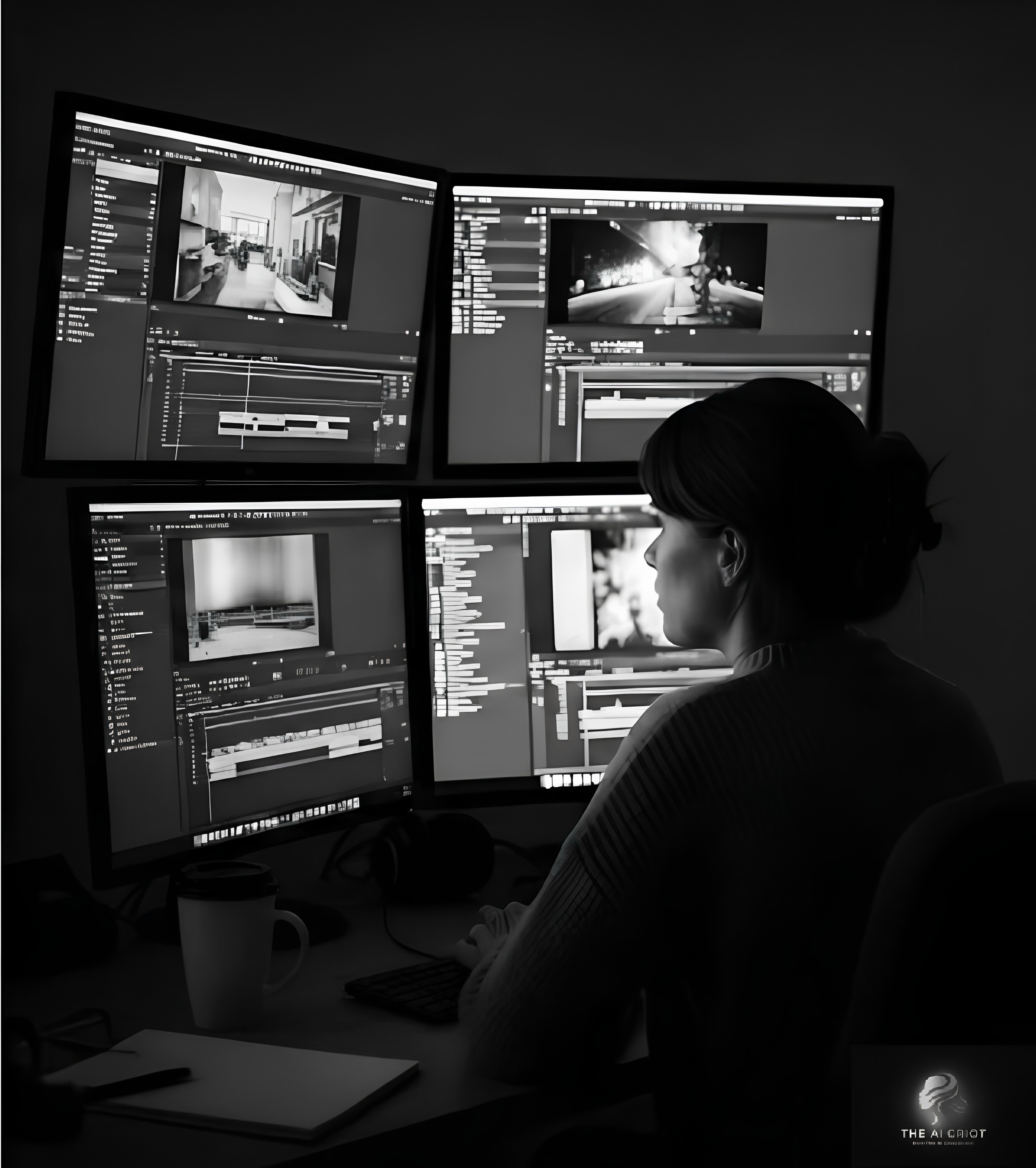 Person working on video editing with multiple monitors displaying editing software in dimly lit room.