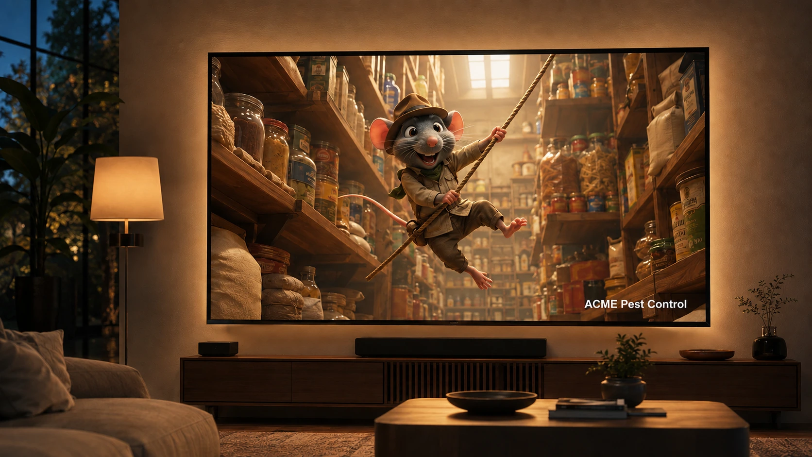 Animated mouse wearing explorer clothes swinging on a rope in a pantry full of jars and food cans.