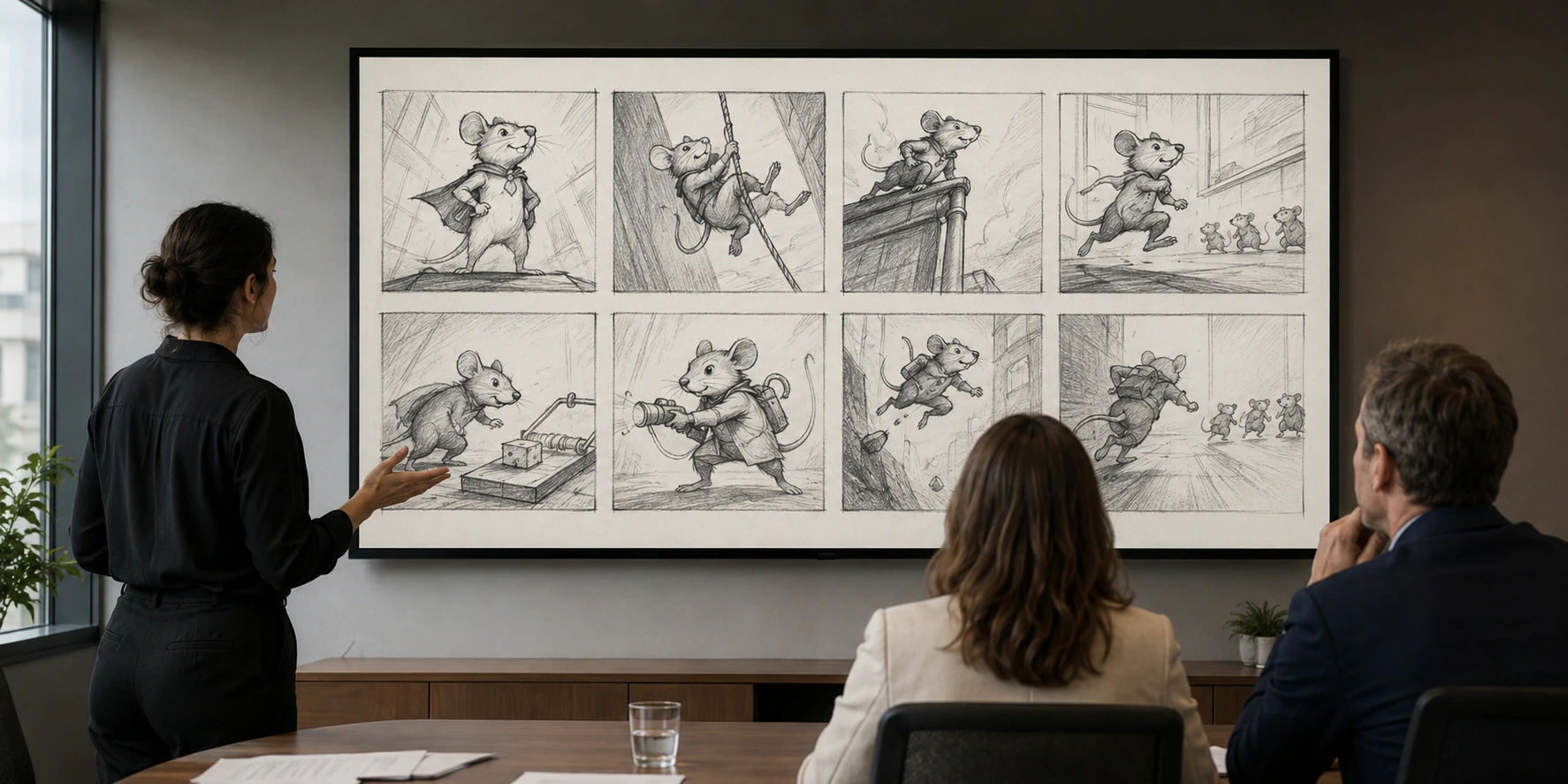 A woman presents a storyboard of an adventurous mouse superhero to two seated colleagues.