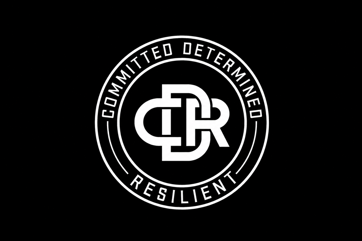 White circle logo with intertwined letters C, D, R and words committed, determined, resilient around it.