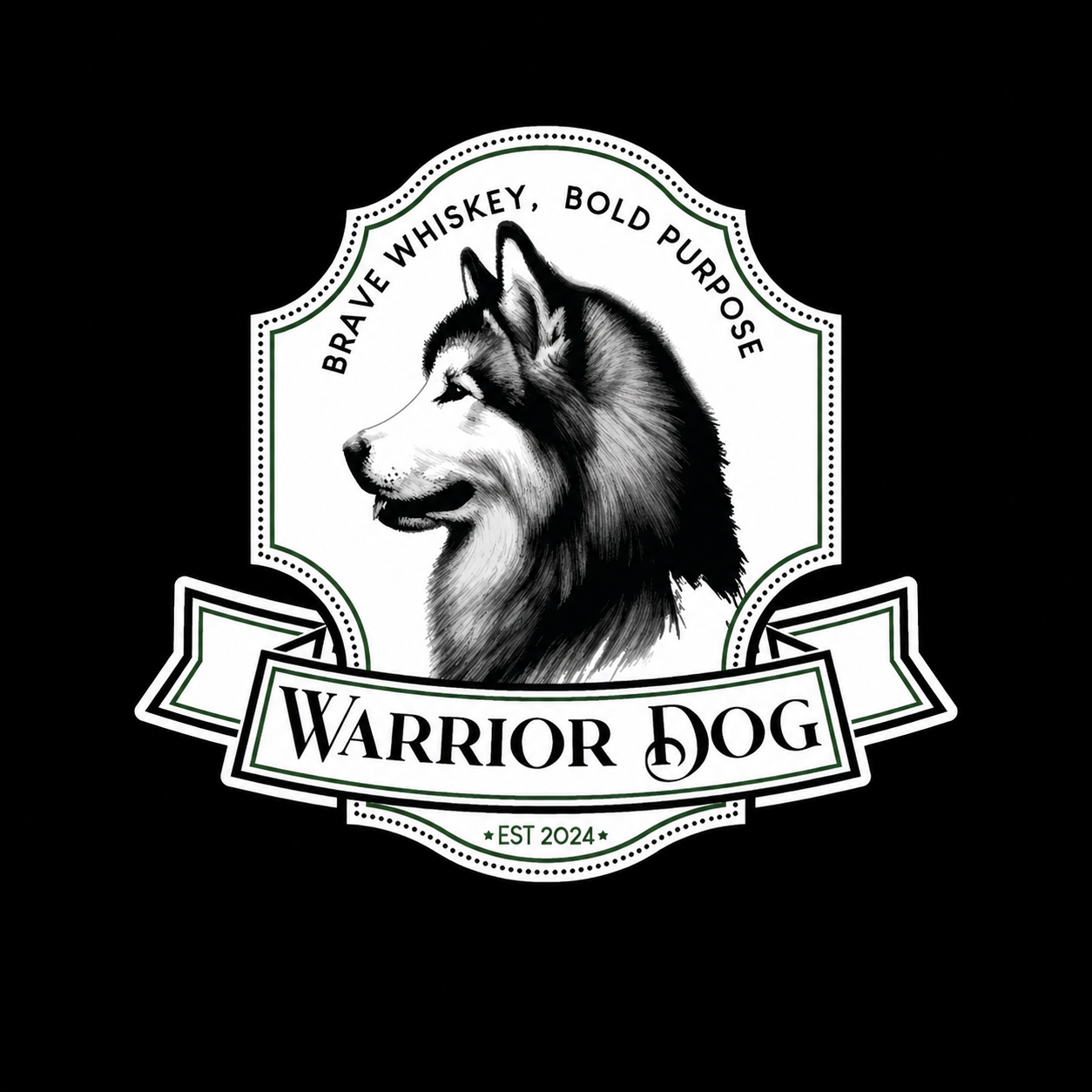 Logo showing a side profile of a husky dog with text 'Warrior Dog', 'Brave Whiskey, Bold Purpose', and 'EST 2024'.