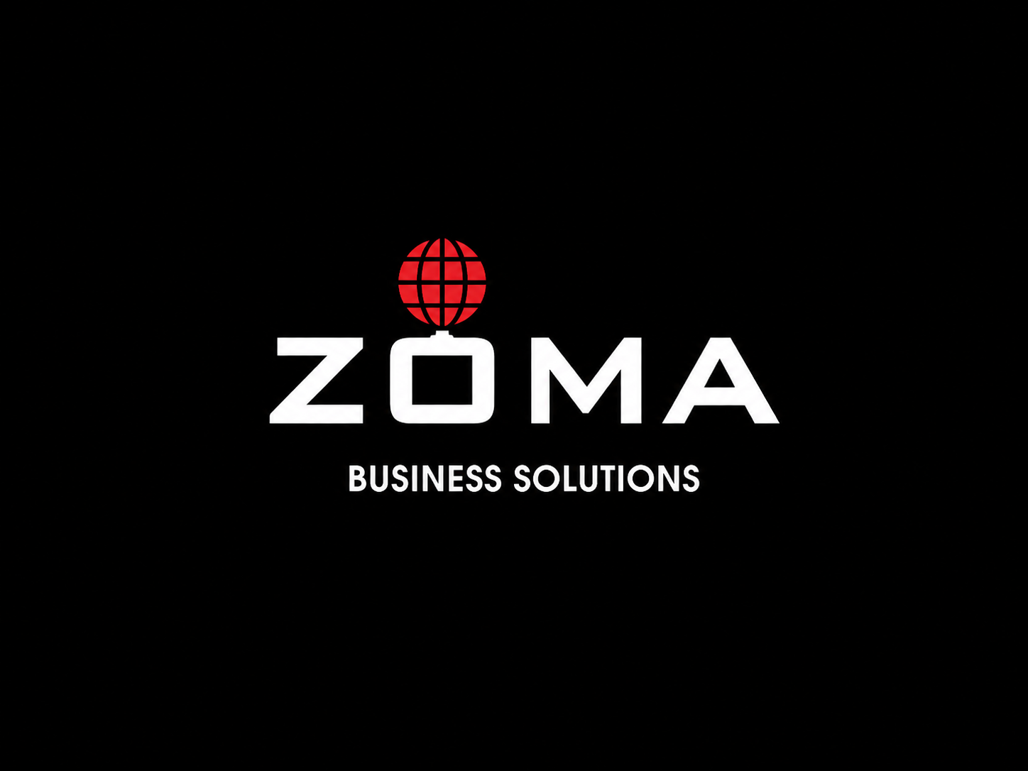 ZOMA business solutions logo with a red globe above the letter O on black background.