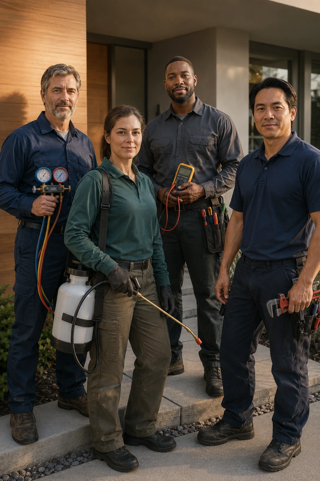 Four diverse pest control and maintenance workers in uniforms holding tools and equipment outside a building.