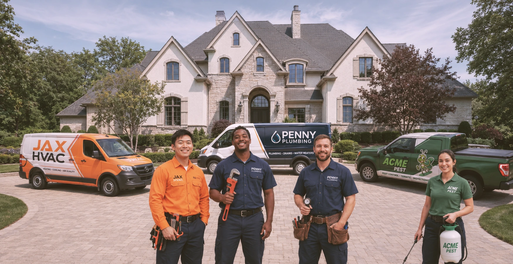 Four service workers from HVAC, plumbing, and pest control stand in front of branded vehicles at a large house.
