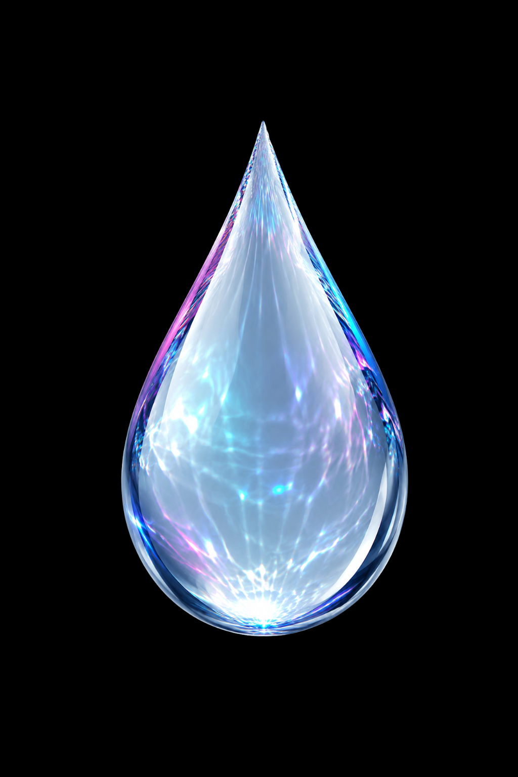 Glowing droplet-shaped glass object with blue and purple light reflections on a black background.