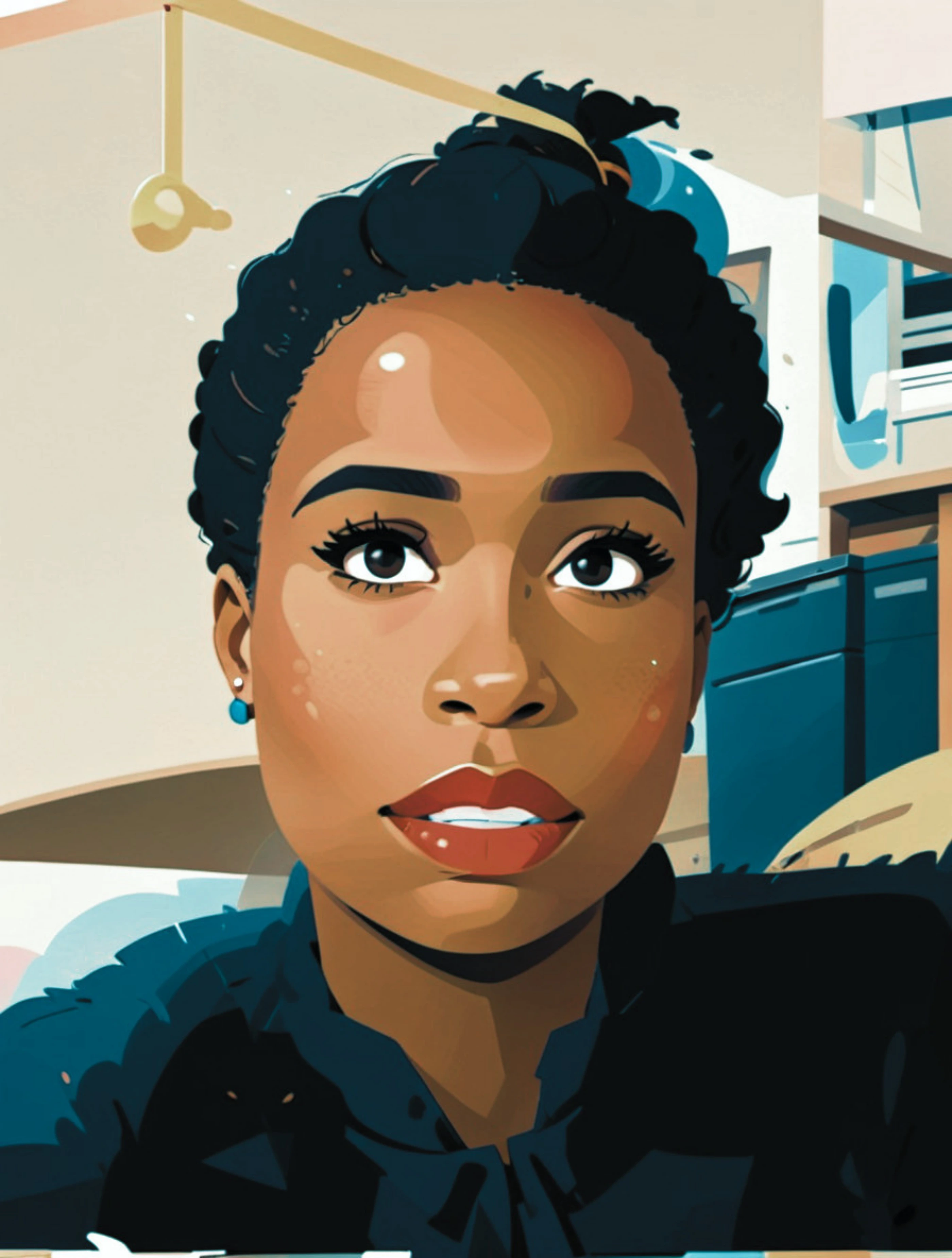 Portrait of a young woman with curly hair tied up, wearing a dark top and blue earrings.