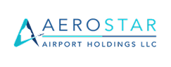 Aerostar Airport Holdings LLC logo with a stylized turquoise and navy A and blue uppercase text.