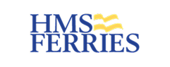 HMS Ferries logo in blue serif lettering with two yellow wave-like shapes above the text.