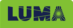 LUMA logo in navy blue on a green background, with the letter A stylized as a radiant sun.