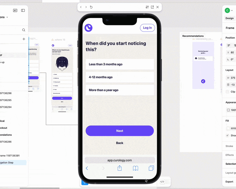 Gif of the Curology Sign Up Flow. Figma interface is shown to give a view of the working environement.
