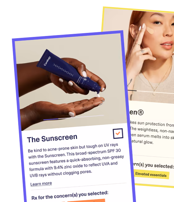 Curology Interface showing two product cards from the two different brands, Agency and Curology