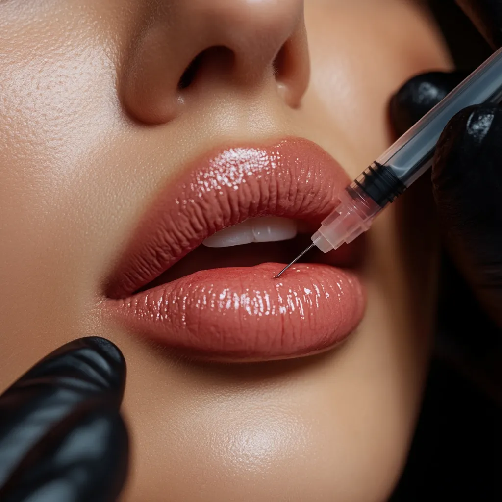 Close-up of lips with glossy lipstick receiving an injection from a needle held by gloved hands.