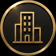 Gold outlined icon of a building with three sections encircled by a gold ring on a black background.