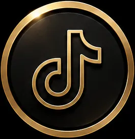 Black circle with gold outline and a gold TikTok logo in the center.