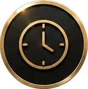 Clock icon with gold rim and hands showing 3:00 on a black circular background.