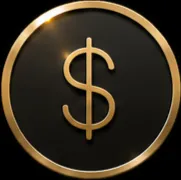 Gold dollar sign inside a gold ring on a black circular background.