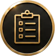 Gold clipboard icon with checklist on a black circular background with gold border.