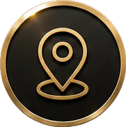 Gold-lined black circular icon with a gold location pin symbol in the center.