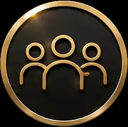 Gold icon of three people inside a circle on a black background with light flare.