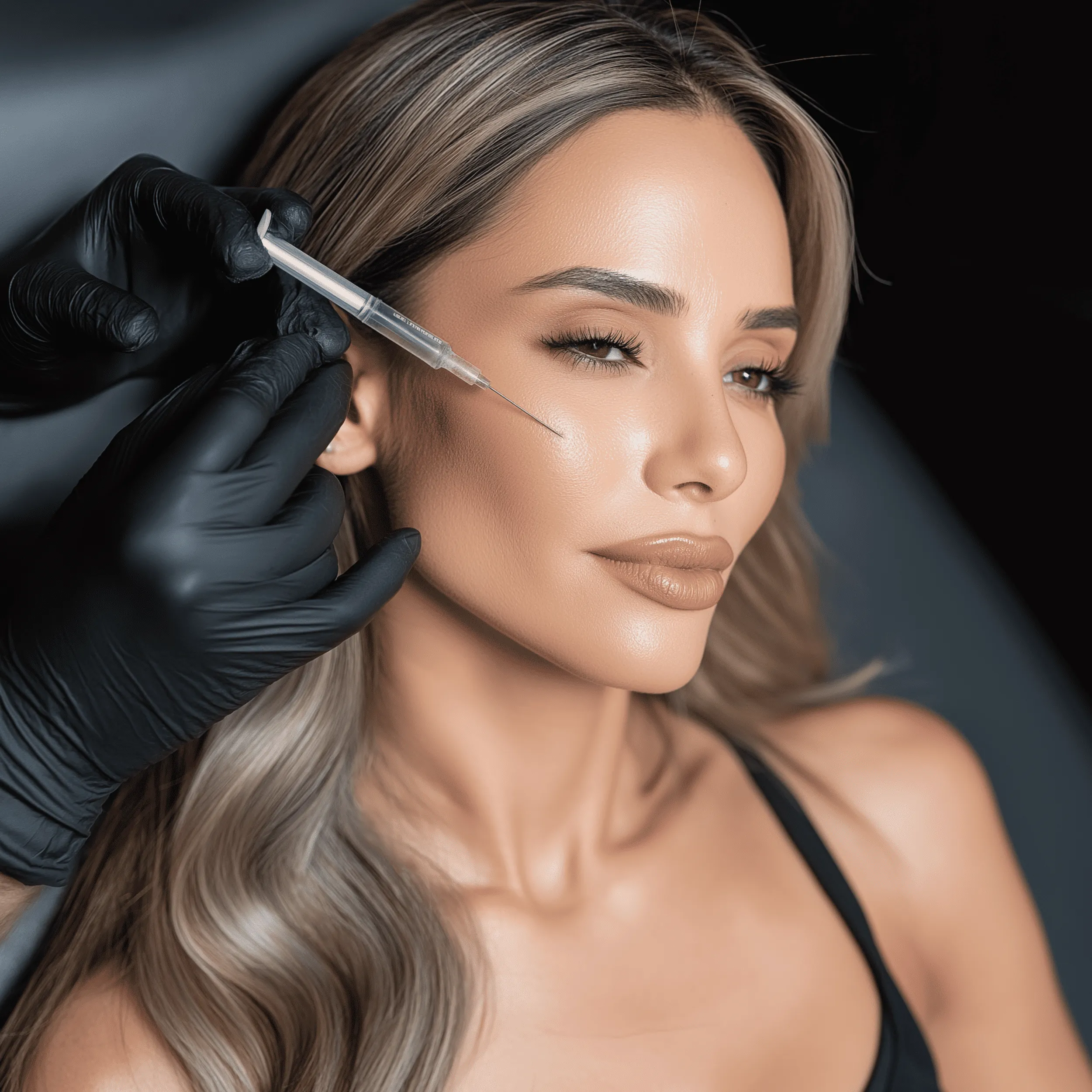 Woman receiving cosmetic injection in cheek from gloved hands holding a syringe.