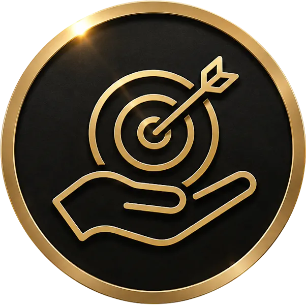 Golden hand holding a target with an arrow in the bullseye on a black circular background.