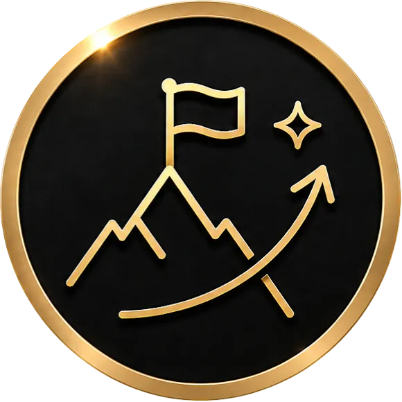 Gold mountain with flag, upward arrow, and star icon on black background with gold border.