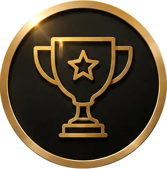 Gold trophy outline with star in center on black circle with gold rim and shine.