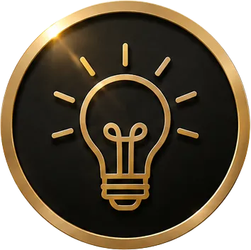 Gold light bulb icon with rays inside a black circle with a gold border.