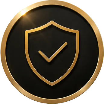 Gold shield with checkmark icon inside a black circle with a gold border and light reflection.