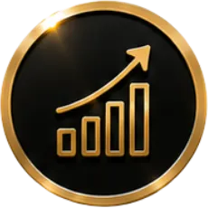 Gold rising bar chart with an upward arrow inside a black and gold circular frame.