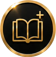 Gold-bordered black circle with gold open book icon and plus sign, symbolizing adding or exploring training