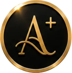 Gold and black circular emblem with a large gold A plus symbol and a bright glare on the edge.