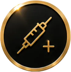 Gold syringe and plus sign icon on black circular background with gold rim.