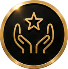 Gold-outlined hands holding a star inside a black circle with a gold border.