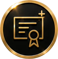 Gold and black icon of a certificate with a plus sign in the top right corner.