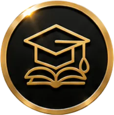 Gold graduation cap and open book icon on black background with gold border.