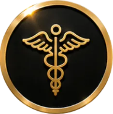 Gold caduceus medical symbol with wings and two intertwined snakes on black background.